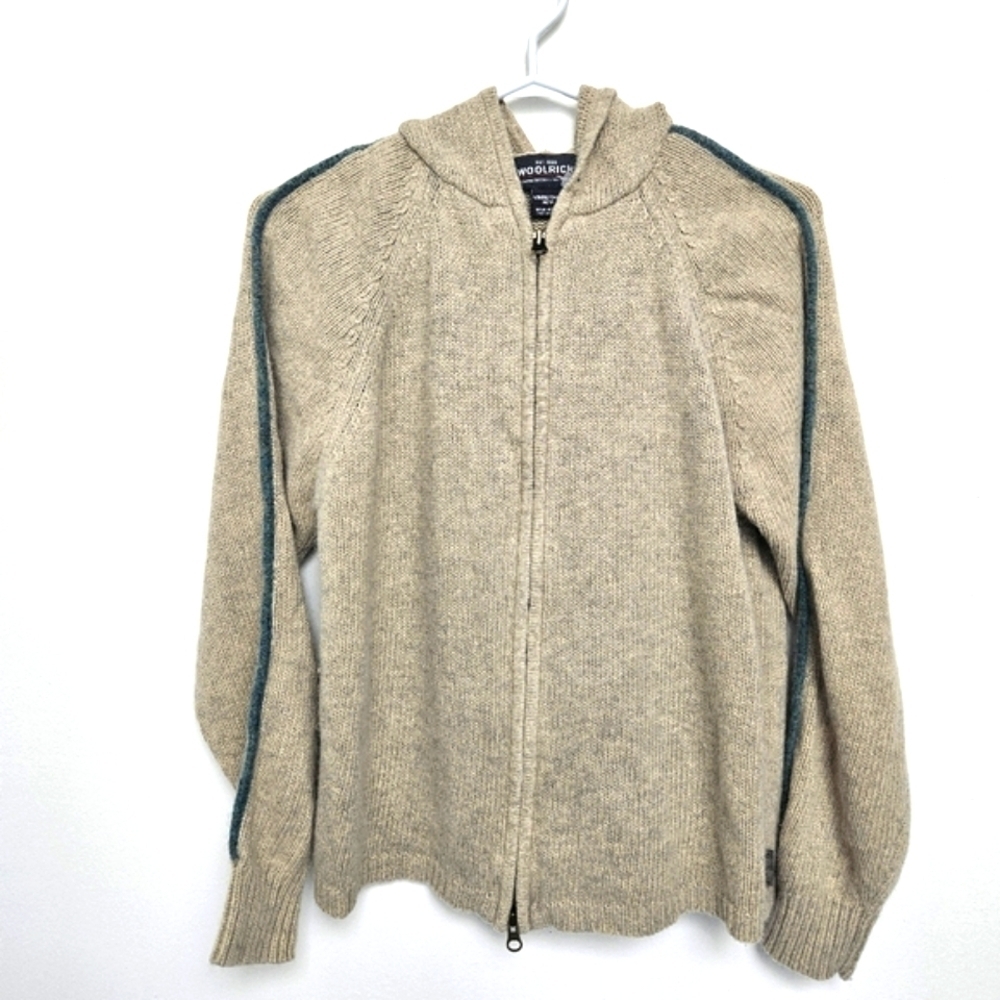 Woolrich Womens Sz M Beige Open Zipped Hooded Sweater Angora Blend